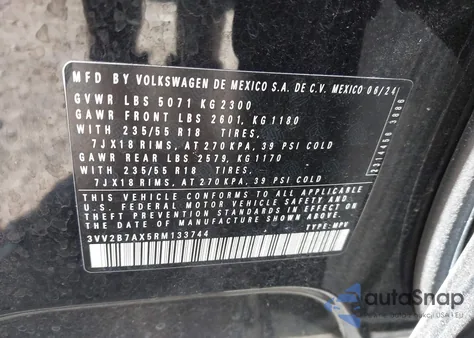 2024 Volkswagen Tiguan 2.0T Se/2.0T Wolfsburg Edition z USA, uszkodzony, nr VIN 3VV2B7AX5RM133744